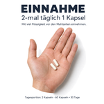 Einnahme von Darm Forte: 2-mal täglich 1 Kapsel mit viel Flüssigkeit vor den Mahlzeiten. Offene Handfläche mit zwei Kapseln, Tagesportion 2 Kapseln, 60 Kapseln reichen 30 Tage.