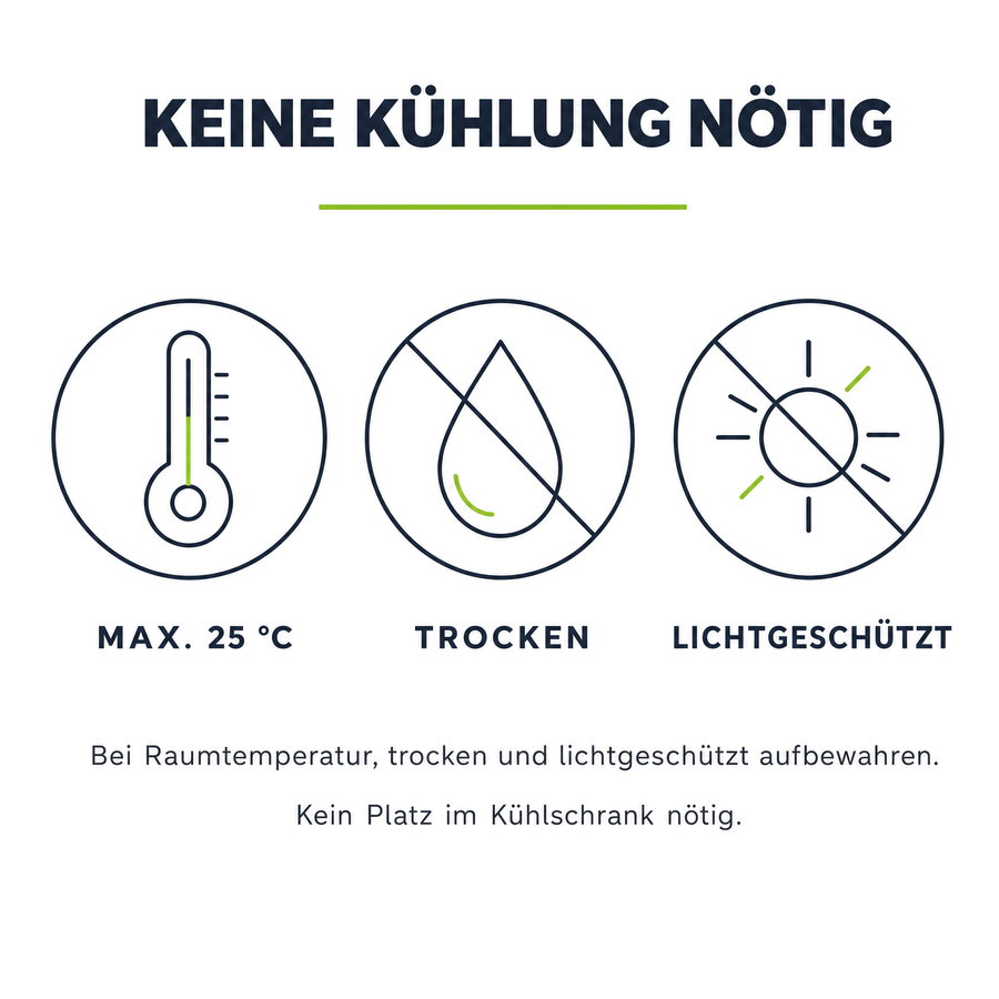 Lagerung von Darm Forte: keine Kühlung nötig. Bei maximal 25 Grad Celsius, trocken und lichtgeschützt aufbewahren.