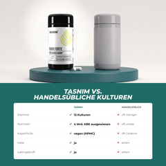 Tasnim Darm Forte gegenüber handelsüblichen Präparaten: 12 Kulturen, Keimzahl ausgewiesen, vegane Kapsel, halal, laborgeprüft