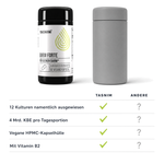 Vergleich Darm Forte gegen eine unbeschriftete graue Dose: 12 Kulturen namentlich ausgewiesen, 4 Mrd. KBE pro Tagesportion, vegane HPMC-Kapselhülle, mit Vitamin B2.