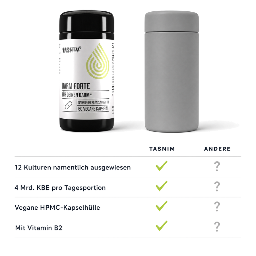 Vergleich Darm Forte gegen eine unbeschriftete graue Dose: 12 Kulturen namentlich ausgewiesen, 4 Mrd. KBE pro Tagesportion, vegane HPMC-Kapselhülle, mit Vitamin B2.