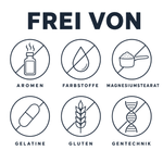 Darm Forte ist frei von Aromen, Farbstoffen, Magnesiumstearat, Gelatine, Gluten und Gentechnik.