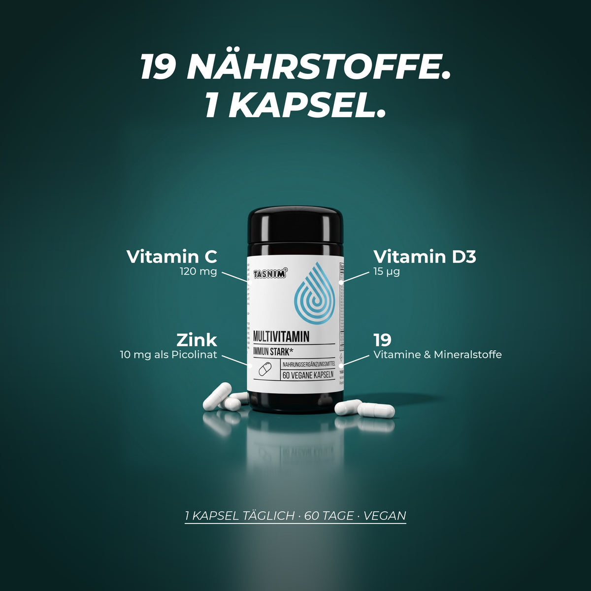 19 Nährstoffe in einer Kapsel: Vitamin C 120 mg, Vitamin D3 15 µg, Zink 10 mg als Zinkpicolinat, 19 Vitamine und Mineralstoffe – 1 Kapsel täglich, 60 Tage, vegan