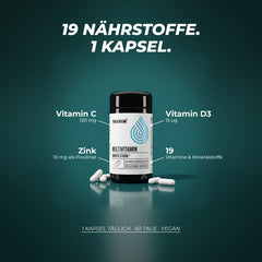 19 Nährstoffe in einer Kapsel: Vitamin C 120 mg, Vitamin D3 15 µg, Zink 10 mg als Zinkpicolinat, 19 Vitamine und Mineralstoffe – 1 Kapsel täglich, 60 Tage, vegan