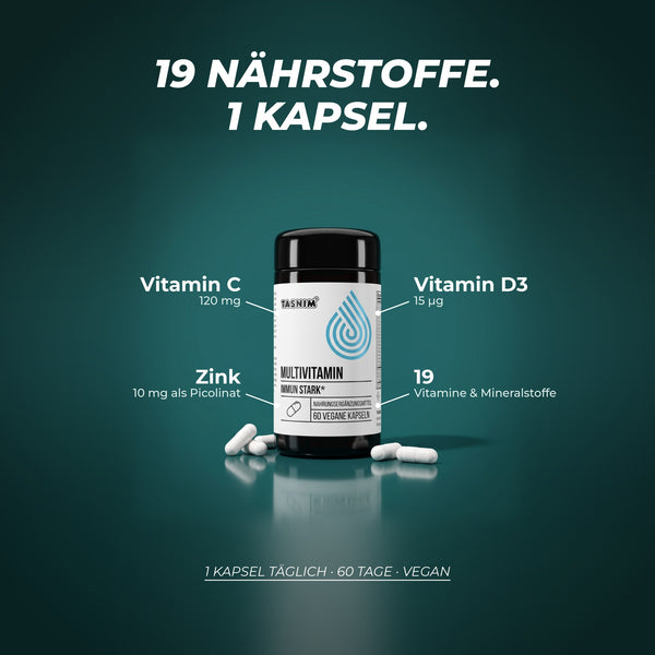 19 Nährstoffe in einer Kapsel: Vitamin C 120 mg, Vitamin D3 15 µg, Zink 10 mg als Zinkpicolinat, 19 Vitamine und Mineralstoffe – 1 Kapsel täglich, 60 Tage, vegan