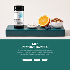 Mit Immunformel: Dose mit Kapseln, Orange, Blaubeeren und Nüssen – 12 Vitamine und 7 Mineralstoffe, Vitamin C, D3 und Zink