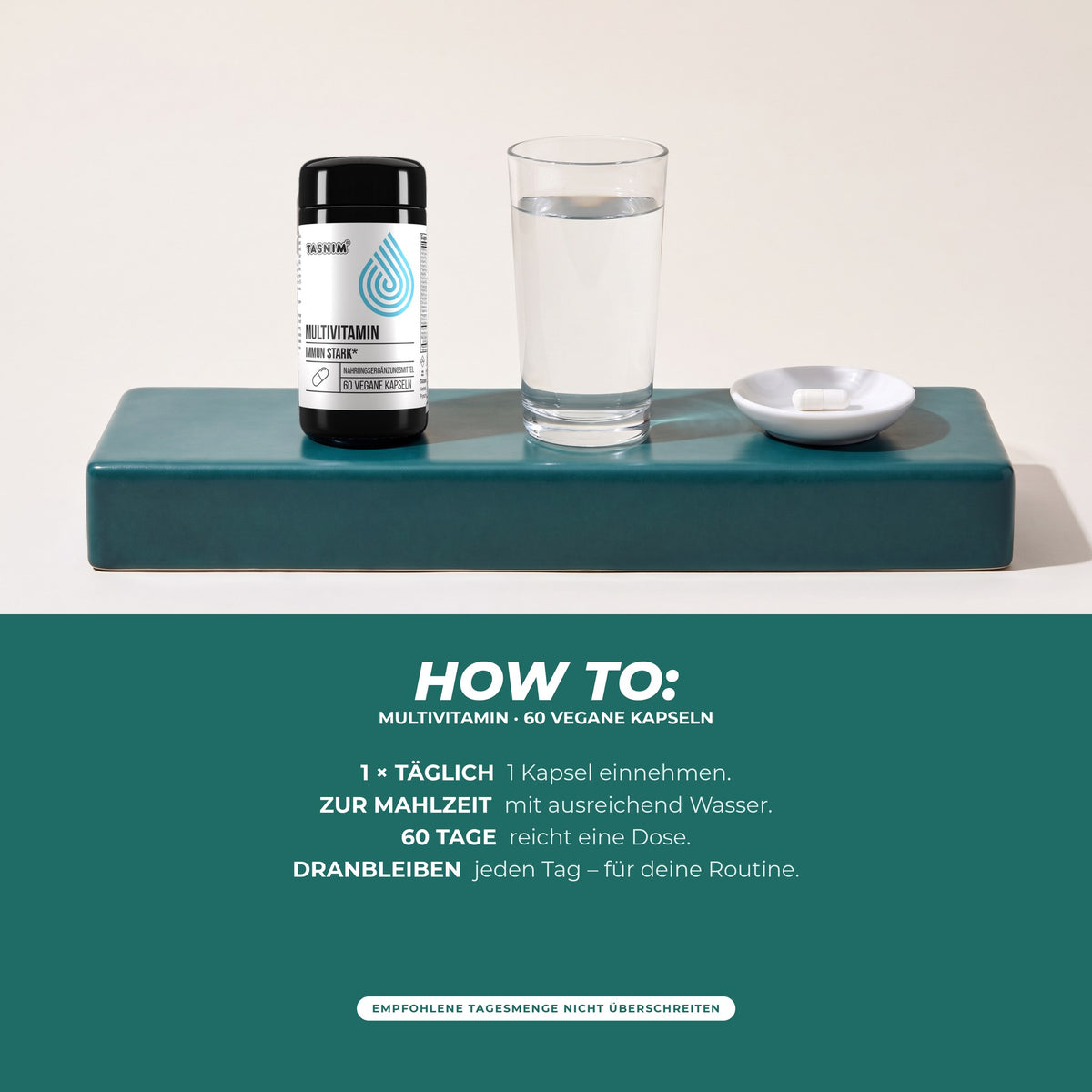 How to: täglich 1 Kapsel zu einer Mahlzeit mit ausreichend Wasser, eine Dose reicht 60 Tage