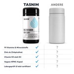 Vergleich Tasnim Multivitamin gegen andere Anbieter: 19 Vitamine und Mineralstoffe, Zink als Zinkpicolinat, Vitamin D3, vegane HPMC-Kapsel, laborgeprüft
