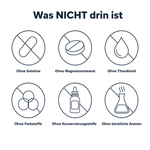 Was nicht drin ist: ohne Gelatine, ohne Magnesiumstearat, ohne Titandioxid, ohne Farbstoffe, ohne Konservierungsstoffe, ohne künstliche Aromen