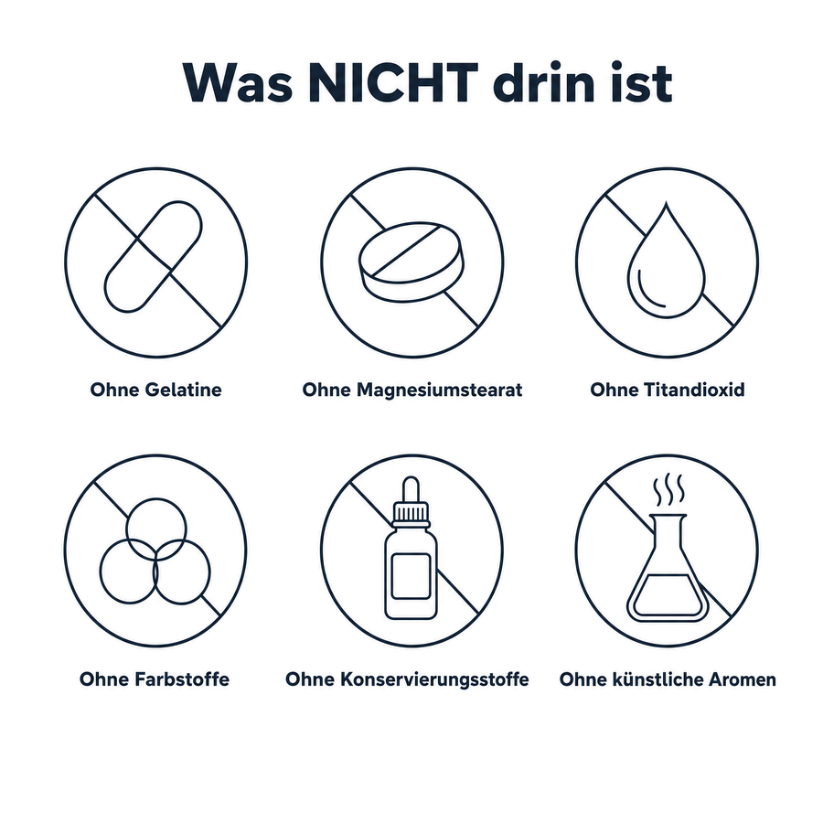 Was nicht drin ist: ohne Gelatine, ohne Magnesiumstearat, ohne Titandioxid, ohne Farbstoffe, ohne Konservierungsstoffe, ohne künstliche Aromen