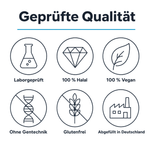 Geprüfte Qualität: laborgeprüft, 100 % halal, 100 % vegan, ohne Gentechnik, glutenfrei, abgefüllt in Deutschland