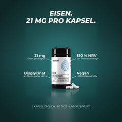 Eisen, 21 mg pro Kapsel: 150 % der Referenzmenge (NRV), als Eisenbisglycinat an Glycin gebunden, vegane HPMC-Kapselhülle, 1 Kapsel täglich reicht 60 Tage