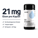 Infografik: 21 mg Eisen pro Kapsel als Eisenbisglycinat (Chelat), 1 Kapsel täglich, 60 Kapseln = 60 Tage, neben der Tasnim Eisen Dose