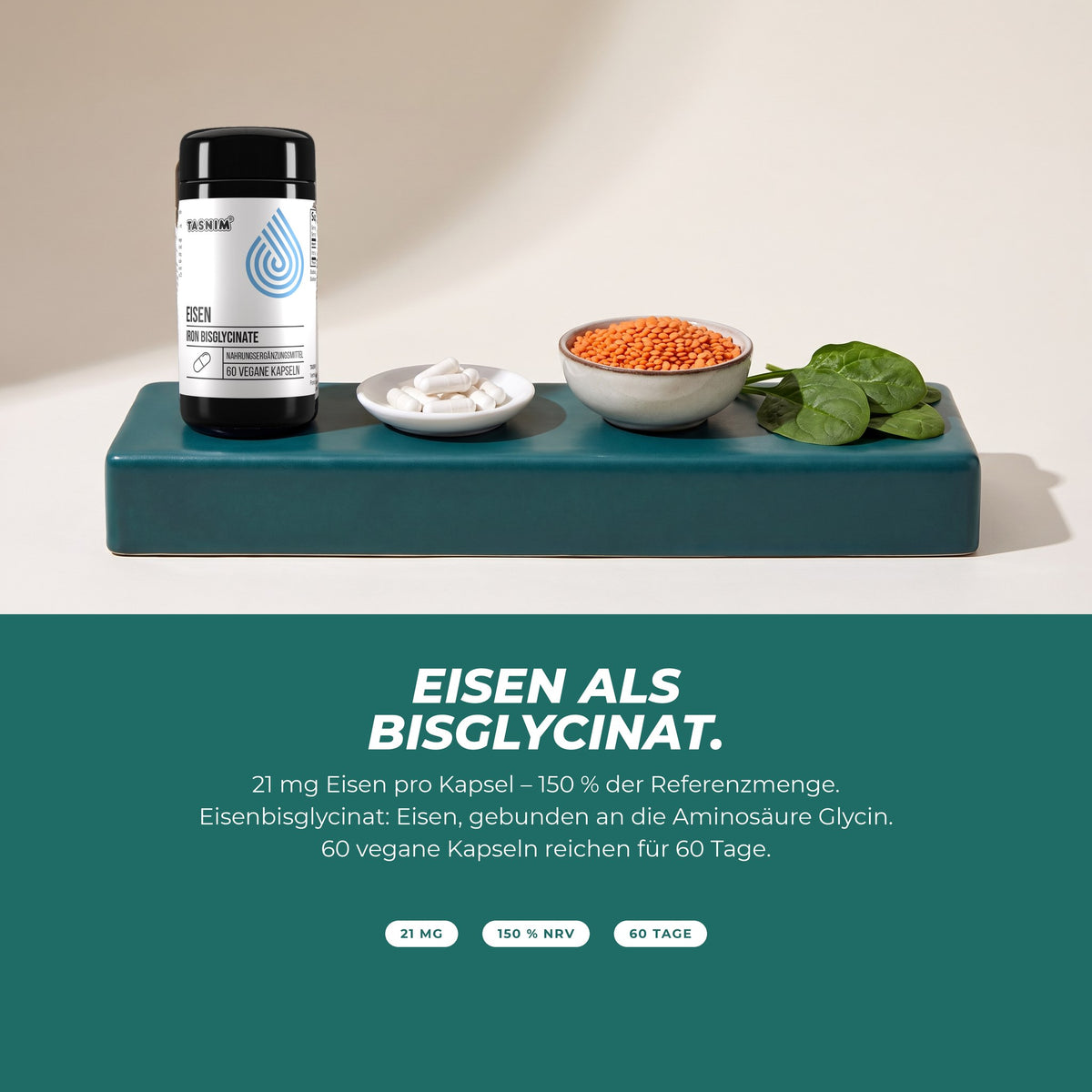 Eisen als Bisglycinat: Dose mit Kapseln, roten Linsen und Spinat – 21 mg Eisen pro Kapsel, 150 % der Referenzmenge, 60 Kapseln für 60 Tage