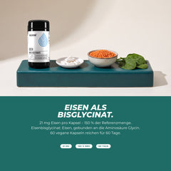 Eisen als Bisglycinat: Dose mit Kapseln, roten Linsen und Spinat – 21 mg Eisen pro Kapsel, 150 % der Referenzmenge, 60 Kapseln für 60 Tage