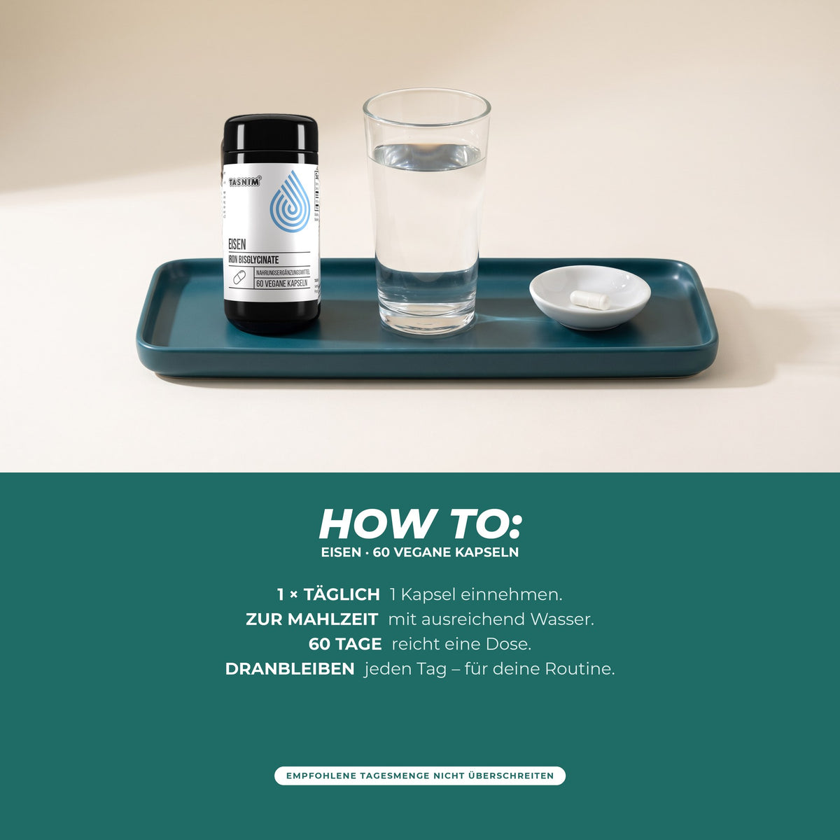 How to: täglich 1 Kapsel zu einer Mahlzeit mit ausreichend Wasser, eine Dose reicht 60 Tage