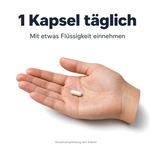 Einnahmehinweis: 1 Kapsel täglich mit etwas Flüssigkeit einnehmen, eine weiße Kapsel in einer offenen Hand