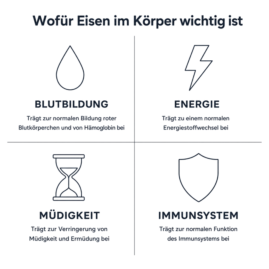 Übersicht der Wirkbereiche von Eisen: Blutbildung, Energiestoffwechsel, Verringerung von Müdigkeit und Ermüdung, normale Funktion des Immunsystems