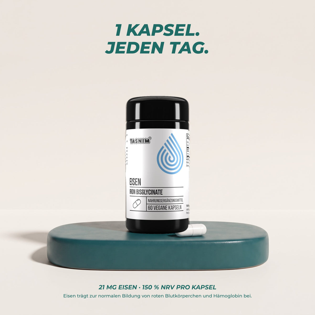 1 Kapsel jeden Tag: 21 mg Eisen, 150 % NRV – Eisen trägt zur normalen Bildung von roten Blutkörperchen und Hämoglobin bei