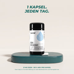 1 Kapsel jeden Tag: 21 mg Eisen, 150 % NRV – Eisen trägt zur normalen Bildung von roten Blutkörperchen und Hämoglobin bei