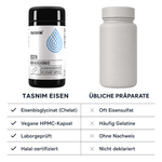 Vergleich Tasnim Eisen gegen übliche Präparate: Eisenbisglycinat statt Eisensulfat, vegane HPMC-Kapsel, laborgeprüft, halal-zertifiziert