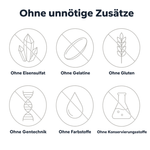 Sechs Negativ-Icons: ohne Eisensulfat, ohne Gelatine, ohne Gluten, ohne Gentechnik, ohne Farbstoffe, ohne Konservierungsstoffe