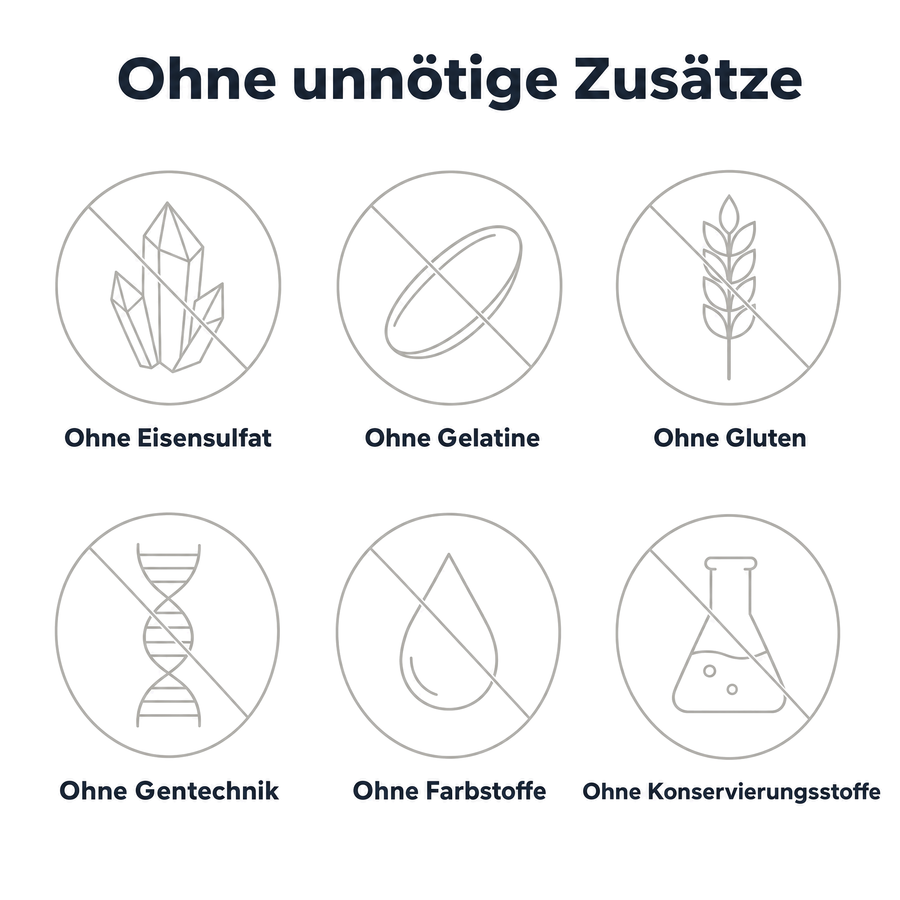 Sechs Negativ-Icons: ohne Eisensulfat, ohne Gelatine, ohne Gluten, ohne Gentechnik, ohne Farbstoffe, ohne Konservierungsstoffe