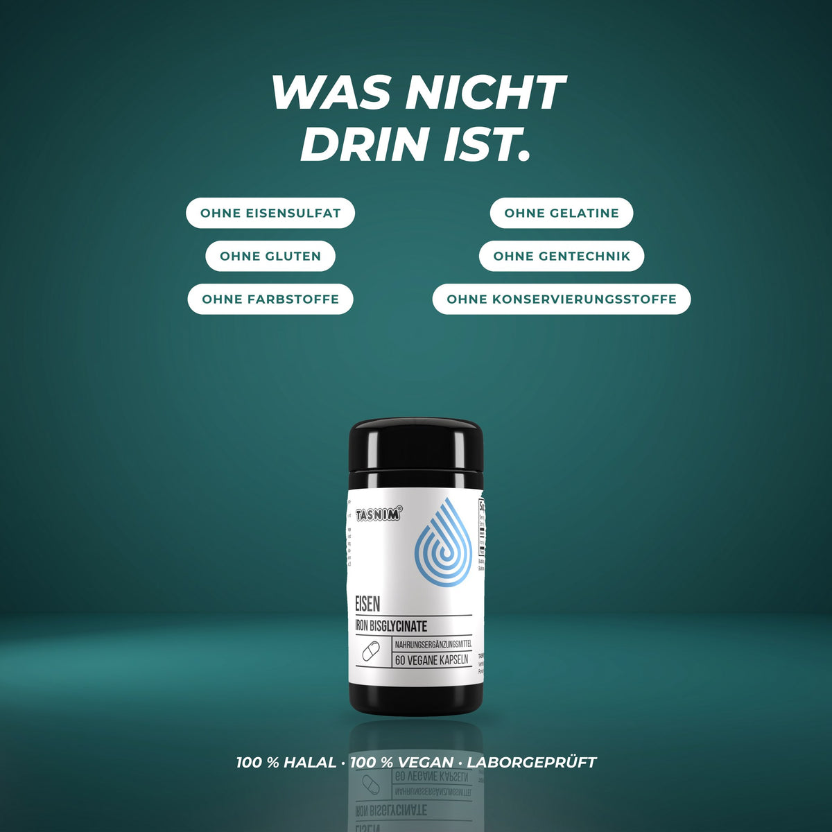 Was nicht drin ist: ohne Eisensulfat, Gelatine, Gluten, Gentechnik, Farbstoffe und Konservierungsstoffe – halal, vegan, laborgeprüft