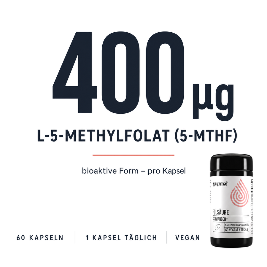 400 µg L-5-Methylfolat (5-MTHF) pro Kapsel – Tasnim Folsäure Schwanger, 60 vegane Kapseln, 1 Kapsel täglich