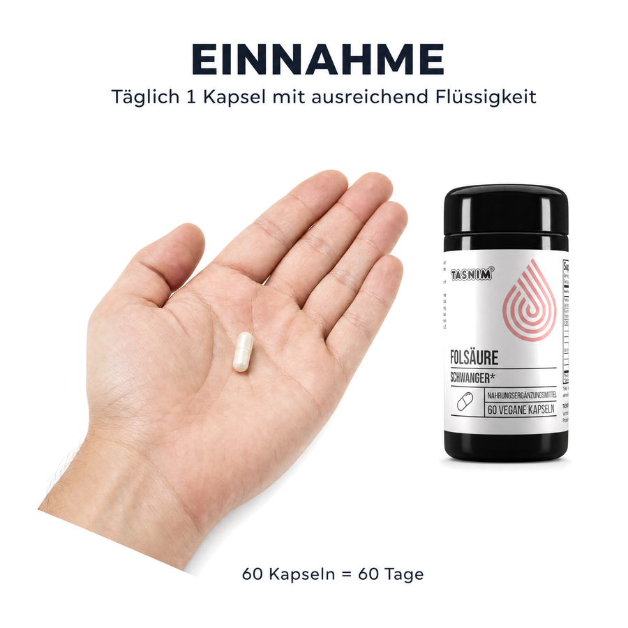 Einnahme: täglich 1 Kapsel mit ausreichend Flüssigkeit – eine Kapsel in offener Hand neben der Tasnim Folsäure Dose, 60 Kapseln = 60 Tage
