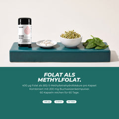 Folat als Methylfolat: Dose mit Kapseln, Buchweizensprossen und Spinat – 400 µg Folat pro Kapsel mit Buchweizenkeimpulver