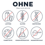 Ohne Laktose, Gluten, Gentechnik, Farbstoffe, Konservierungsstoffe und Magnesiumstearat