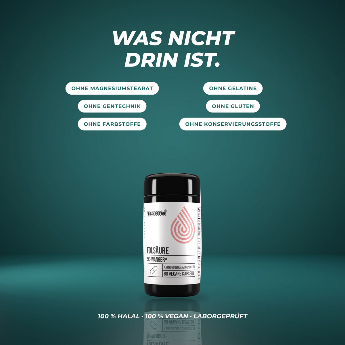 Was nicht drin ist: ohne Magnesiumstearat, Gelatine, Gentechnik, Gluten, Farbstoffe und Konservierungsstoffe