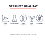 Geprüfte Qualität: 100 % Halal, laborgeprüft, ohne Gentechnik, 100 % vegan, glutenfrei – hergestellt in der EU nach HACCP, GMP und ISO 22000