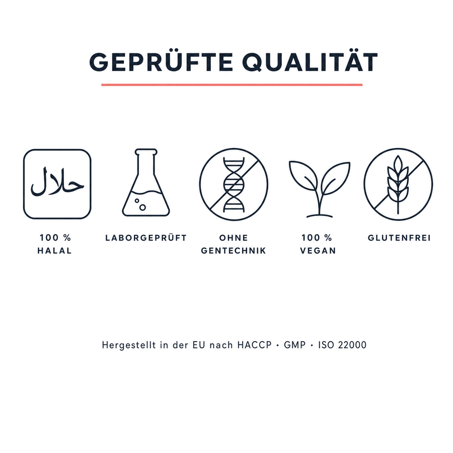 Geprüfte Qualität: 100 % Halal, laborgeprüft, ohne Gentechnik, 100 % vegan, glutenfrei – hergestellt in der EU nach HACCP, GMP und ISO 22000
