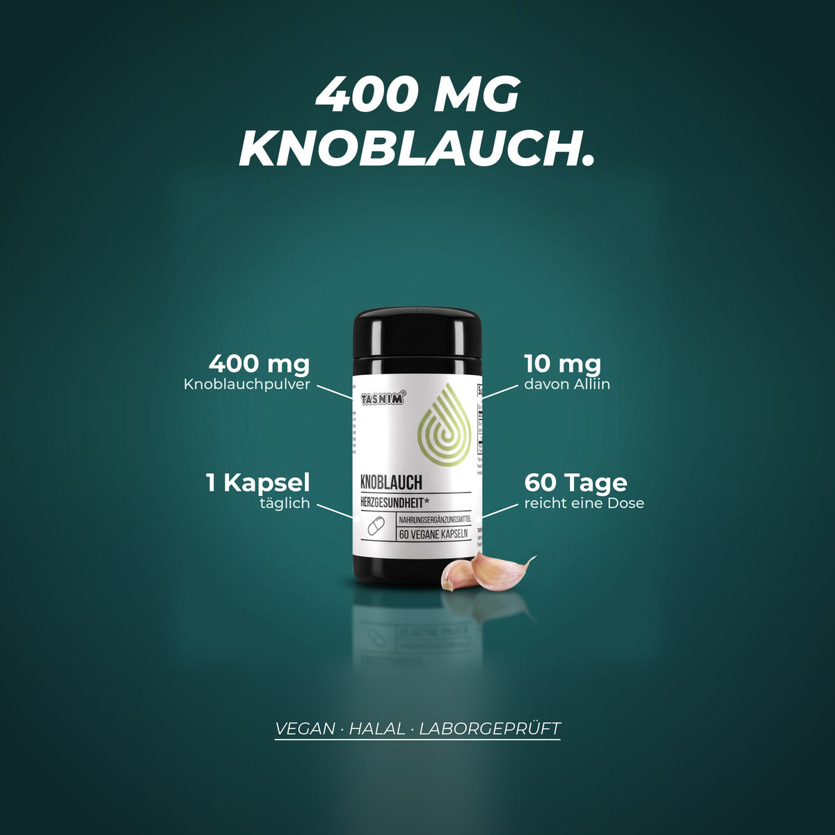 400 mg Knoblauch pro Kapsel, davon 10 mg Alliin, 1 Kapsel täglich, eine Dose reicht 60 Tage – vegan, halal, laborgeprüft