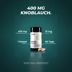 400 mg Knoblauch pro Kapsel, davon 10 mg Alliin, 1 Kapsel täglich, eine Dose reicht 60 Tage – vegan, halal, laborgeprüft