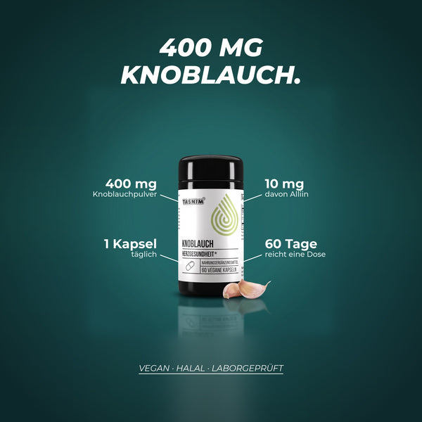 400 mg Knoblauch pro Kapsel, davon 10 mg Alliin, 1 Kapsel täglich, eine Dose reicht 60 Tage – vegan, halal, laborgeprüft