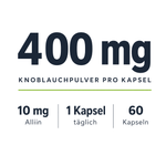 400 mg Knoblauchpulver pro Kapsel, davon 10 mg Alliin – 1 Kapsel täglich, 60 Kapseln pro Dose