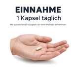 Einnahme: 1 Kapsel täglich mit ausreichend Flüssigkeit vor einer Mahlzeit, Kapsel auf offener Handfläche