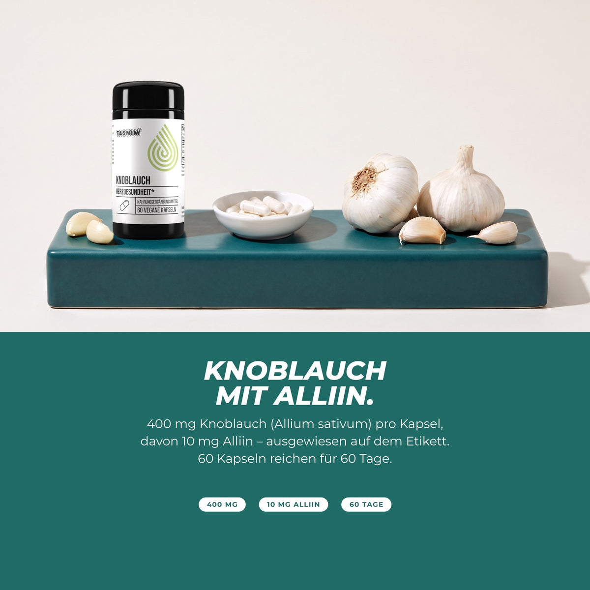 Knoblauch mit Alliin: Dose mit Kapseln und Knoblauchknollen – 400 mg Knoblauch pro Kapsel, davon 10 mg Alliin