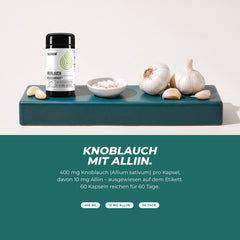 Knoblauch mit Alliin: Dose mit Kapseln und Knoblauchknollen – 400 mg Knoblauch pro Kapsel, davon 10 mg Alliin