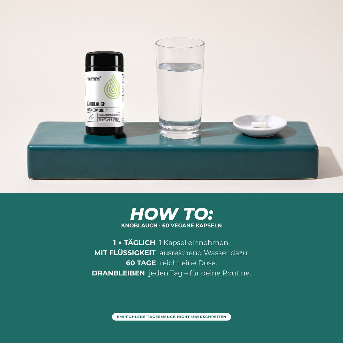 How to: 1-mal täglich 1 Kapsel mit ausreichend Flüssigkeit, eine Dose reicht 60 Tage