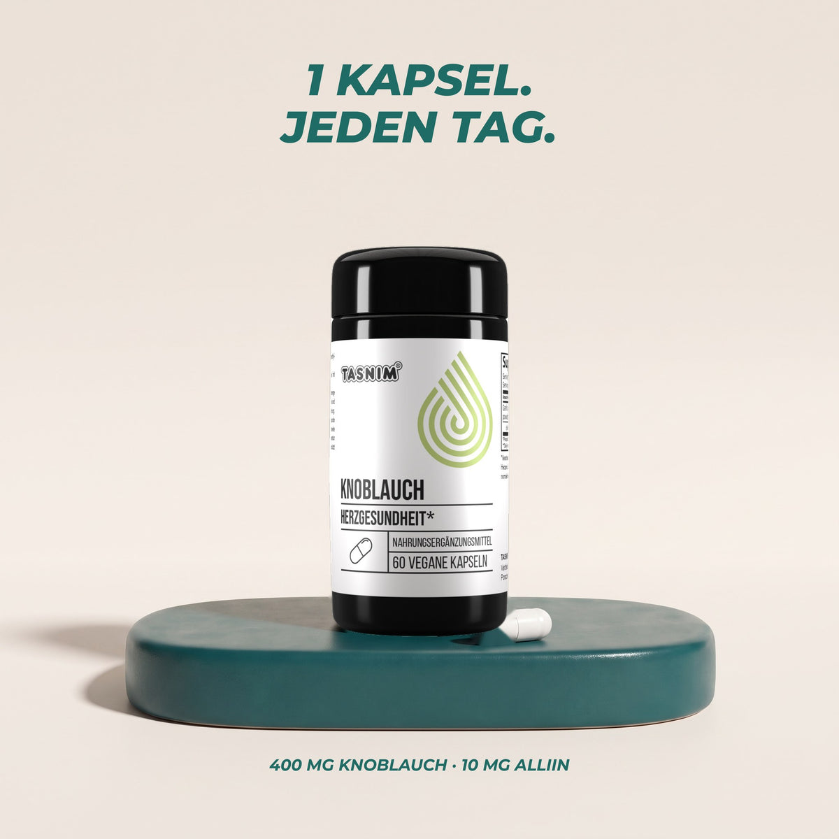 1 Kapsel jeden Tag: 400 mg Knoblauch mit 10 mg Alliin