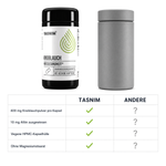 Vergleich Tasnim Knoblauch Kapseln gegen anonyme graue Dose: 400 mg Knoblauchpulver, 10 mg Alliin, vegane HPMC-Kapselhülle, ohne Magnesiumstearat