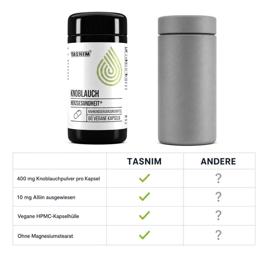 Vergleich Tasnim Knoblauch Kapseln gegen anonyme graue Dose: 400 mg Knoblauchpulver, 10 mg Alliin, vegane HPMC-Kapselhülle, ohne Magnesiumstearat