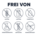Frei von Gluten, Laktose, Farbstoffen, Konservierungsstoffen, Gentechnik und Magnesiumstearat