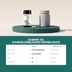 Tasnim Knoblauch gegenüber handelsüblichen Präparaten: Alliin-Gehalt ausgewiesen, vegane Kapsel, halal, laborgeprüft