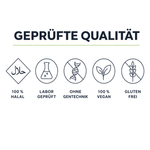 Geprüfte Qualität: 100 % Halal, laborgeprüft, ohne Gentechnik, 100 % vegan, glutenfrei