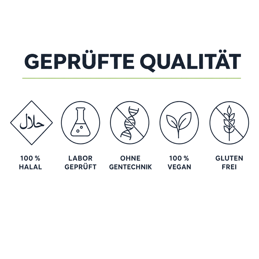 Geprüfte Qualität: 100 % Halal, laborgeprüft, ohne Gentechnik, 100 % vegan, glutenfrei